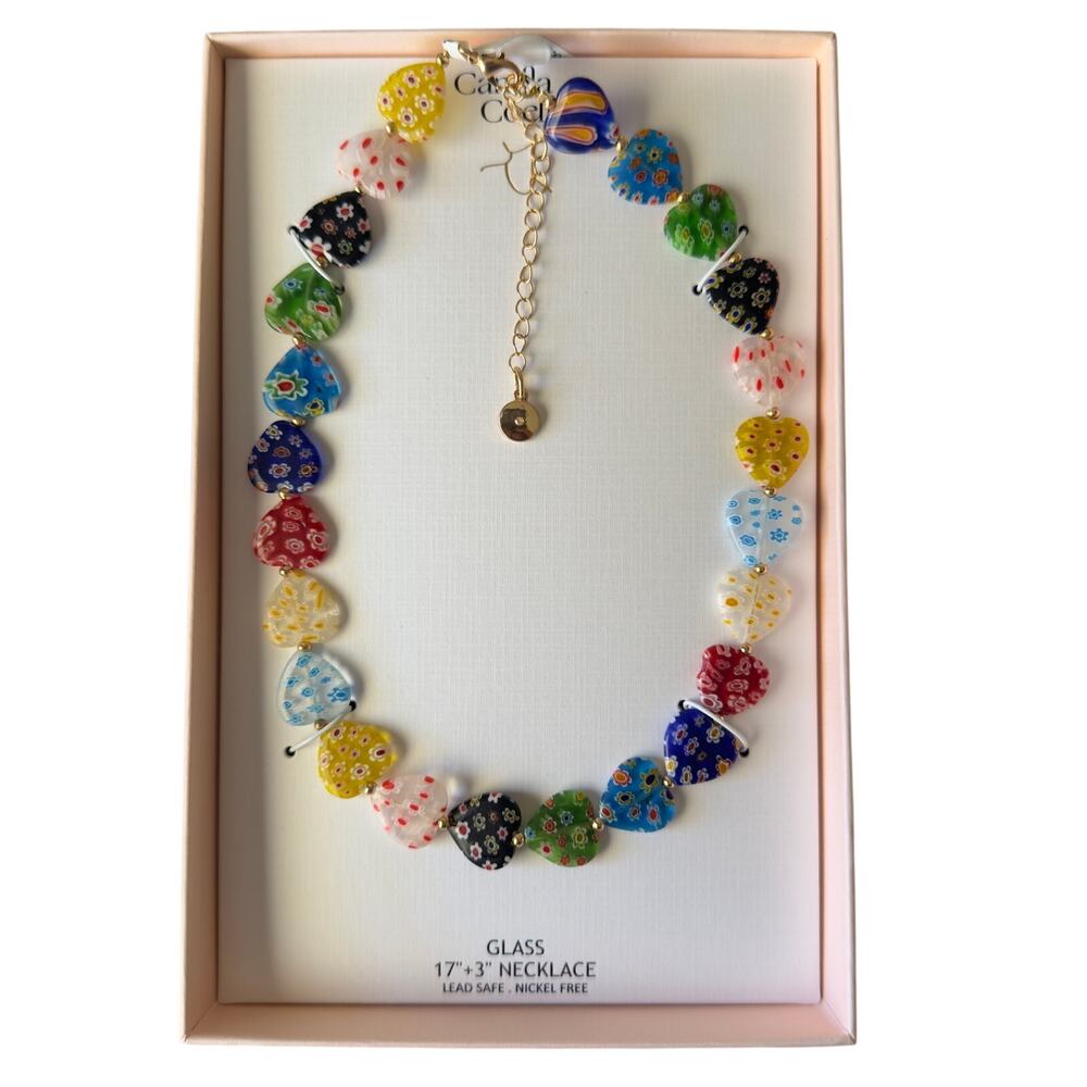 Camila Coelho Millefiori Glass Heart Necklace Colorful Murano Style Beaded